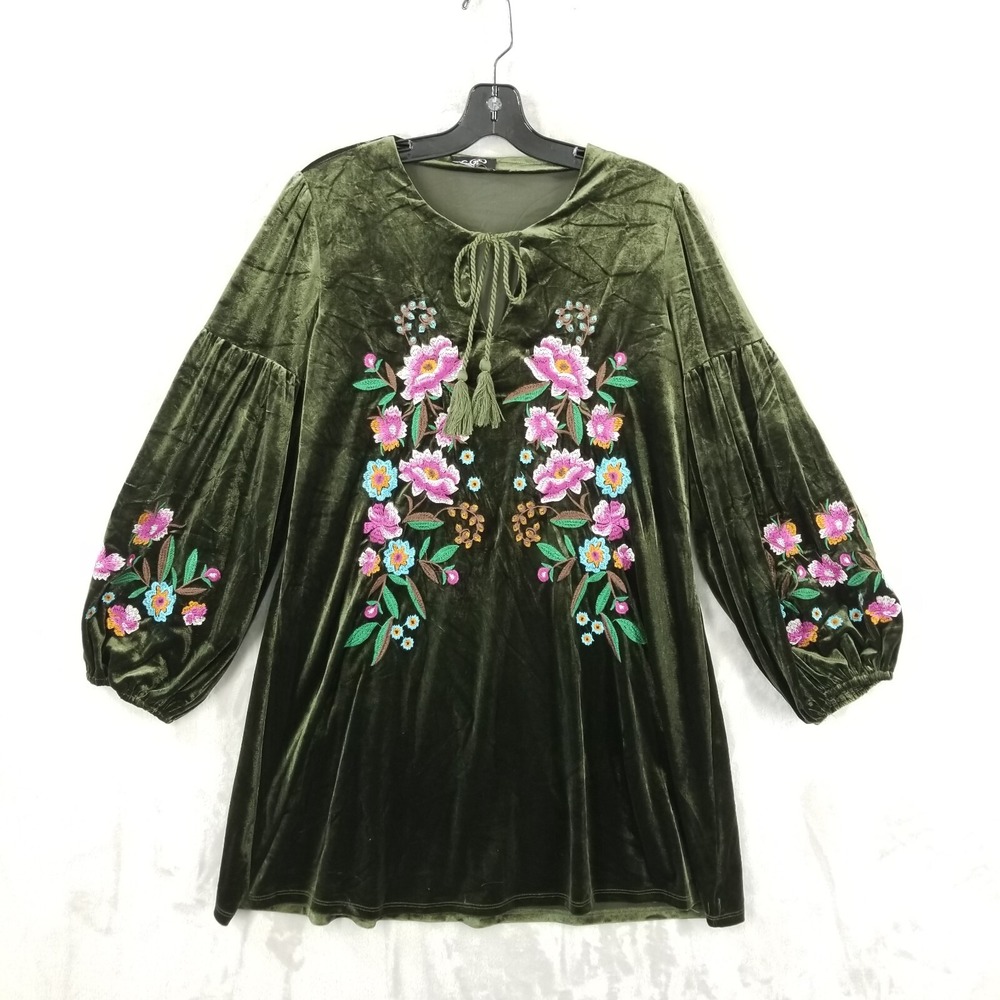 Gigio Dress Women Small Embroidered Green Velour Balloon‎ Sleeve Tie Fairy Boho